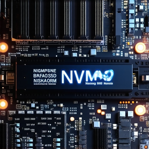 Close-up of an NVMe SSD installed in a motherboard with glowing LEDs, showcasing high-speed data transfer