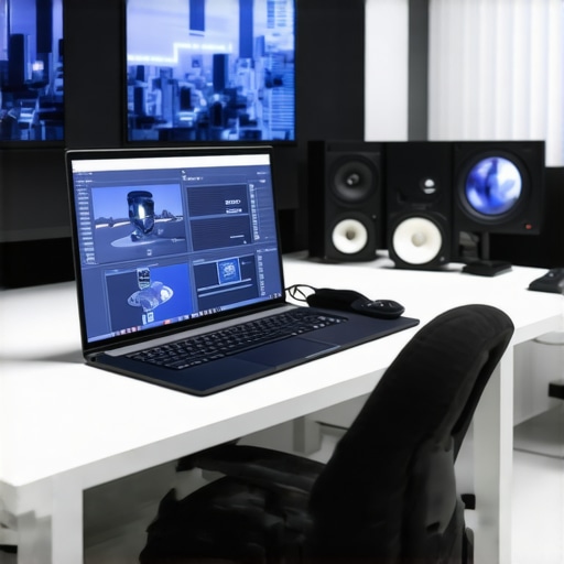Futuristic editing studio with adaptive lighting, acoustic treatment, and environmental sensors for optimal workspace conditions.