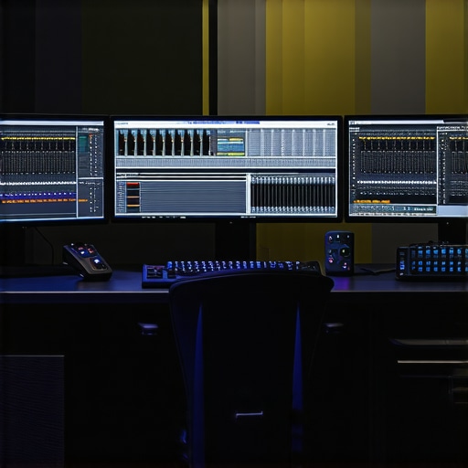 A modern professional editing station with multiple monitors and advanced hardware