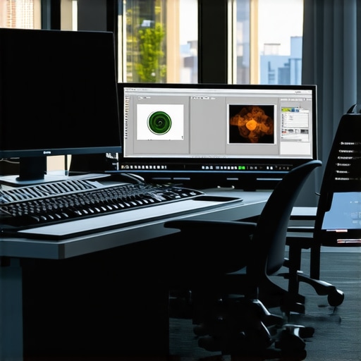 A sophisticated video editing studio featuring spectral imaging software and motorized control panels