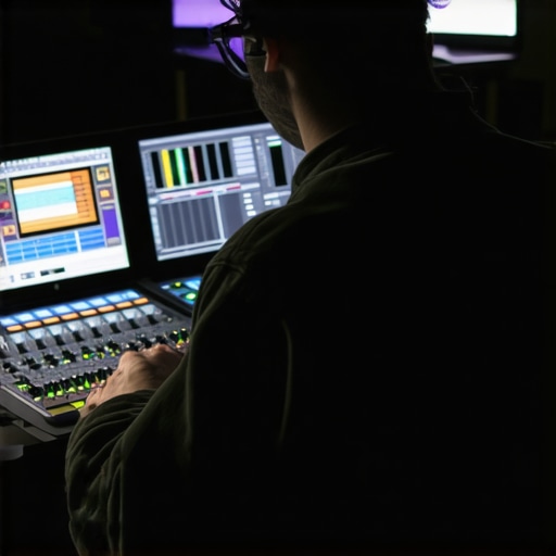 Editor manipulating a sophisticated control interface with digital and tactile elements.
