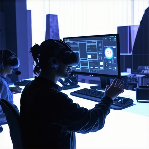 Engineers working together in a VR environment with holograms representing video and audio assets.