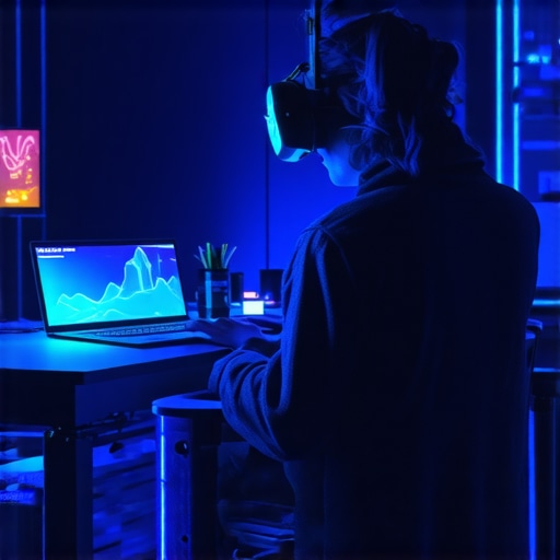 A futuristic virtual reality setup showing holographic editing interfaces in a high-tech workspace