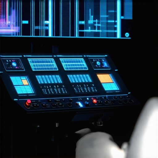 Futuristic color grading console with holographic displays and real-time controls