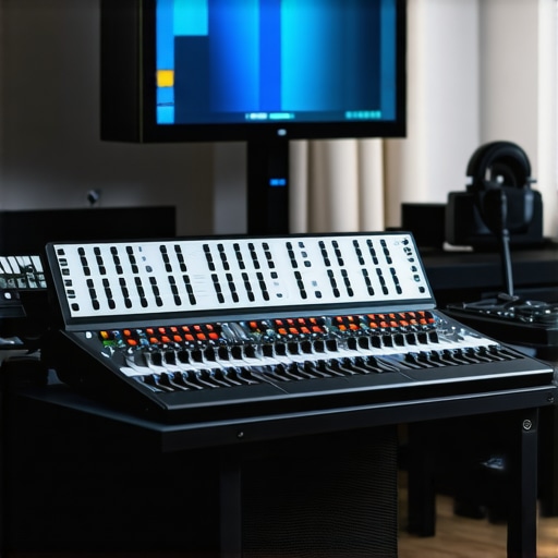 A cutting-edge editing workspace featuring programmable haptic controllers and AI automation screens