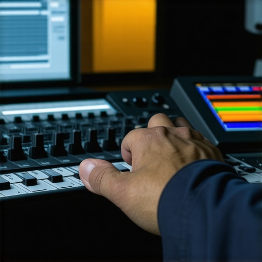 A professional editing station showcasing tactile controllers with visual and auditory feedback in use.