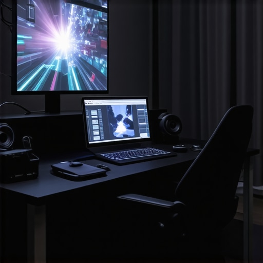 A state-of-the-art multimedia editing station featuring holographic screens, haptic feedback devices, and spatial audio systems for immersive content creation