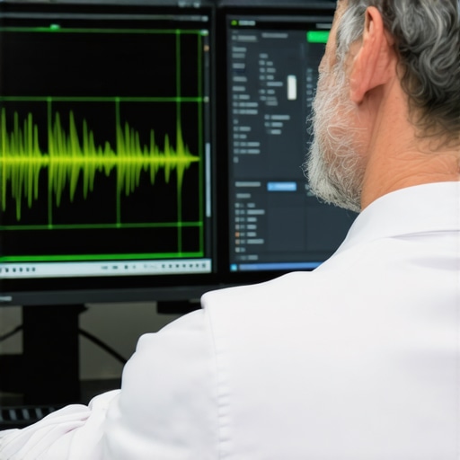 Colorist analyzing footage with neural feedback software in a professional editing suite.