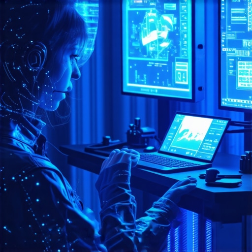 Futuristic neural device interacting with holographic controls on a digital editing setup.