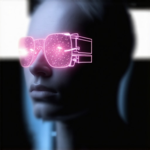 A neural interface headset connected to holographic screens showing video timelines and controls