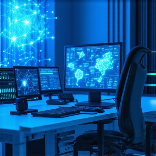 A futuristic editing setup displaying neural network overlays and fast storage arrays