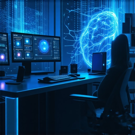 Illustration of a futuristic media editing setup with holograms and tactile interfaces.