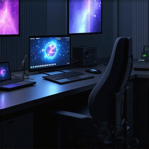 A high-tech editing studio featuring holographic controls, biofeedback monitors, and modular hardware components.