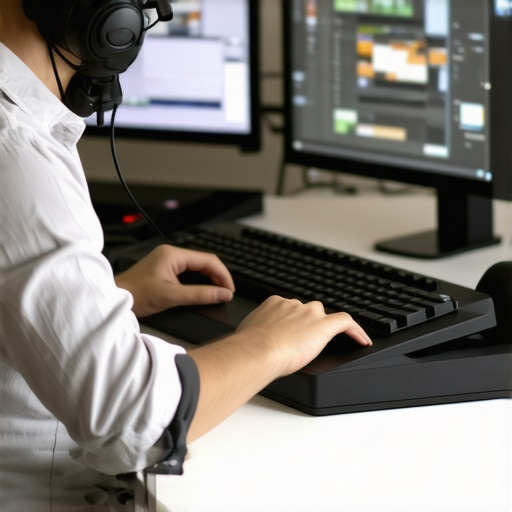Editor manipulating a haptic feedback control surface with visual workflow display.