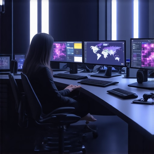 Futuristic workspace showcasing holographic editing interfaces, ergonomic furniture, and ambient lighting.