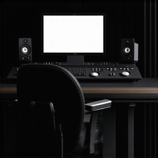 High-tech professional editing workspace featuring advanced control surfaces, adaptive lighting, and AI devices for multimedia creation.