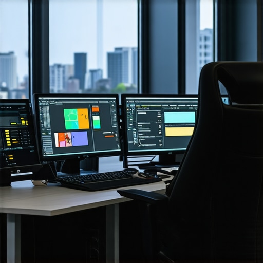 Modern editing workspace featuring AI-assisted tools and multiple monitors