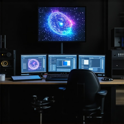 Futuristic editing studio showcasing holographic screens and advanced hardware interfaces