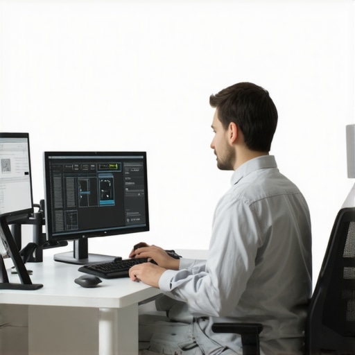 A high-tech editing setup featuring neural interface devices and customizable ergonomic hardware.