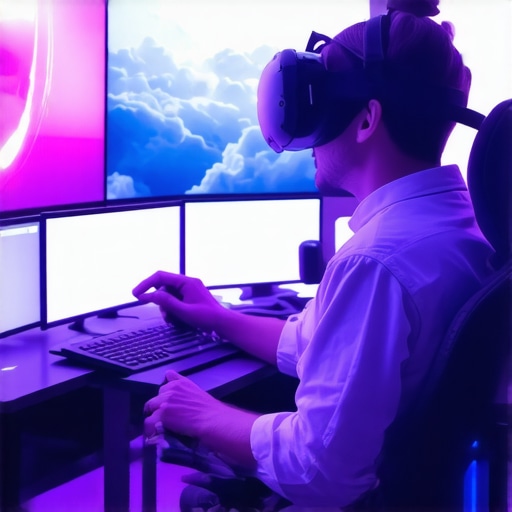 High-tech editing station with VR, 8K screens, and AI tools for immersive content creation
