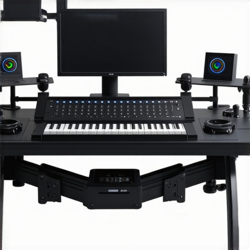 Futuristic professional video editing workspace with adaptive controllers and AI interfaces.