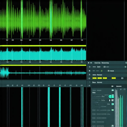 Futuristic audio editing setup with spectral analysis and AI interfaces
