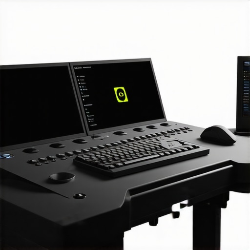 A modular, customizable professional editing control panel featuring touch screens and tactile controls tailored for high-precision media editing.