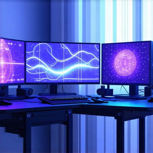 Futuristic workspace showcasing holographic controls, AI neural overlays, and ergonomic editing hardware.