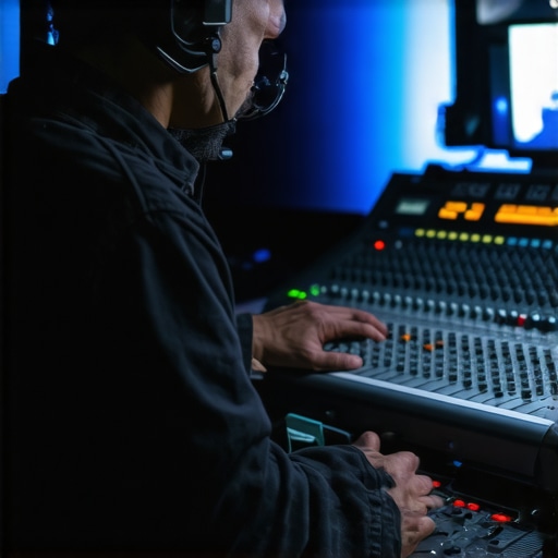 Audio engineer setting up microphone and equipment in a sound studio