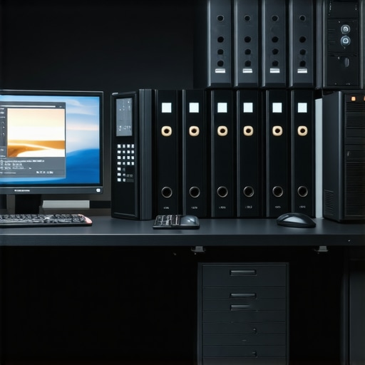 A professional editing station showing organized folders and high-performance storage solutions for video production.