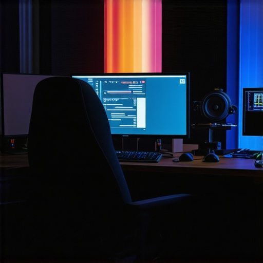 Ergonomic editing workspace with professional calibration tools and acoustic treatment