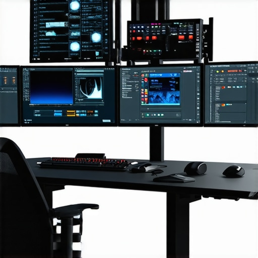 Professional video editing workstation with high-end hardware and multiple monitors.