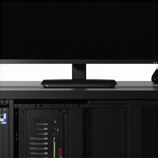 Close-up of BIOS configuration screen and shielded cable connections in a professional editing setup