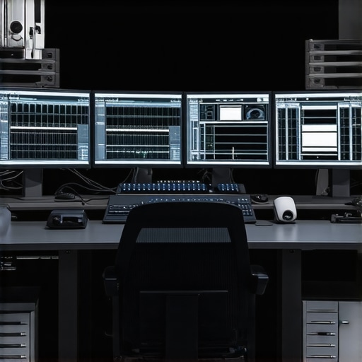 A sophisticated editing setup with dual monitors displaying editing timelines and proxy footage.