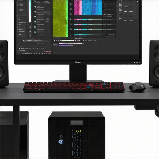 A professional editing station featuring NVMe SSDs, calibrated monitor, and high-performance components