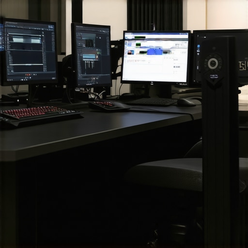 A professional multimedia editing workstation featuring high-end hardware and calibration devices