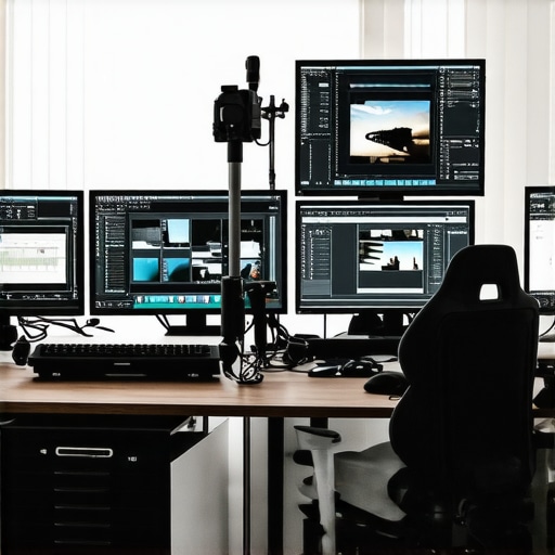 High-performance computer setup with multiple screens displaying raw video editing