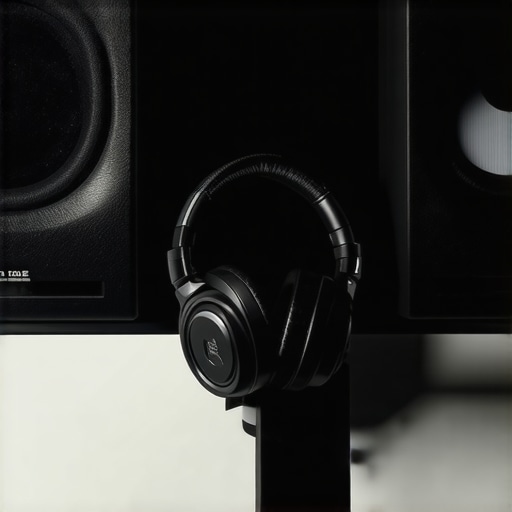 Studio headphones and reference speakers for professional sound monitoring.