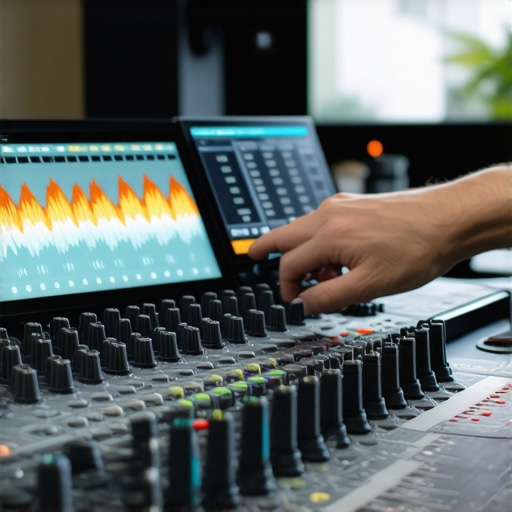 Audio engineer fine-tuning sound frequencies with spectral visualization