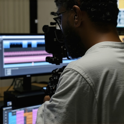 A professional editor fine-tuning digital noise textures on multiple screens.