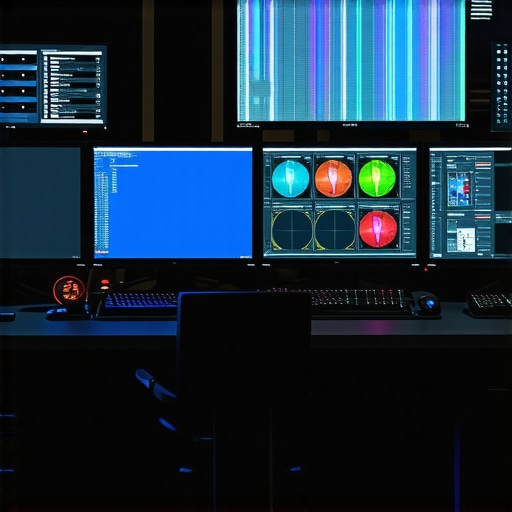 Professional color grading workstation with calibrated monitors, color grading panels, and ambient lighting.