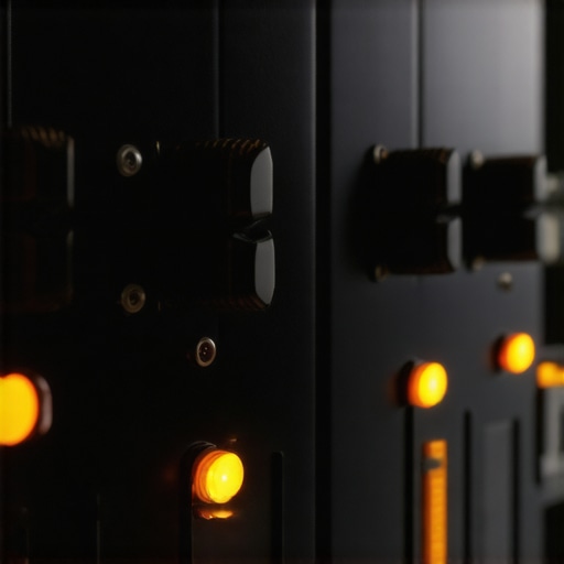 Close-up of a high-end audio mixing console with illuminated controls and meters