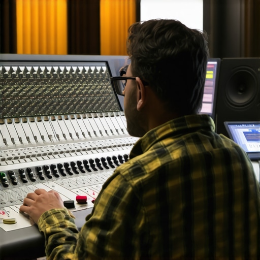 Audio engineer working on spatial audio mixing console with multiple monitors and sound equipment.