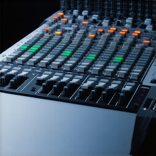 A detailed view of a modern, customizable editing control panel with knobs, sliders, and touch screens.