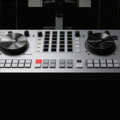 Close-up of a professional editing control surface with haptic feedback wheels in a workspace