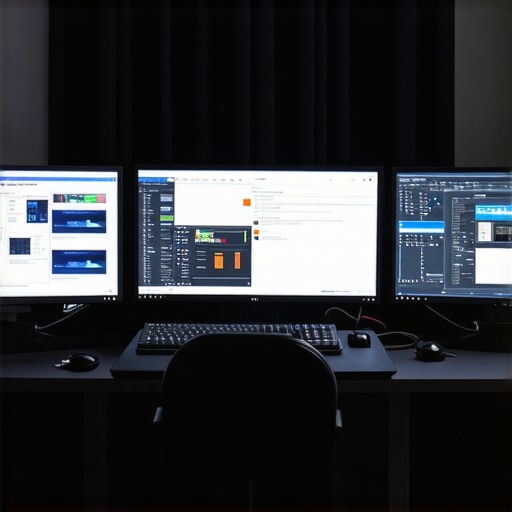 A state-of-the-art editing workstation with multiple monitors, control panels, and high-speed storage.