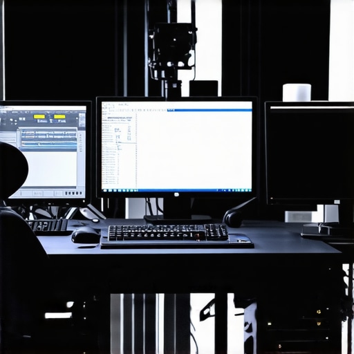 A sleek editing setup featuring control surfaces, calibrated monitors, and ergonomic peripherals