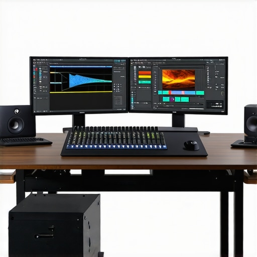 A modern editing studio featuring dual monitors, control surface, and color grading equipment