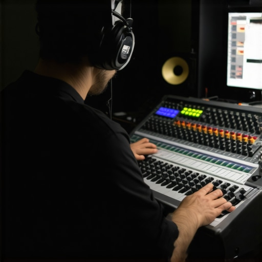 Engineer manipulating tactile sliders on a high-end control surface for precise spatial audio adjustments.