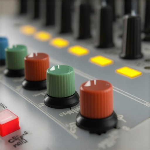 Close-up of a professional editing control surface with colorful knobs and sliders